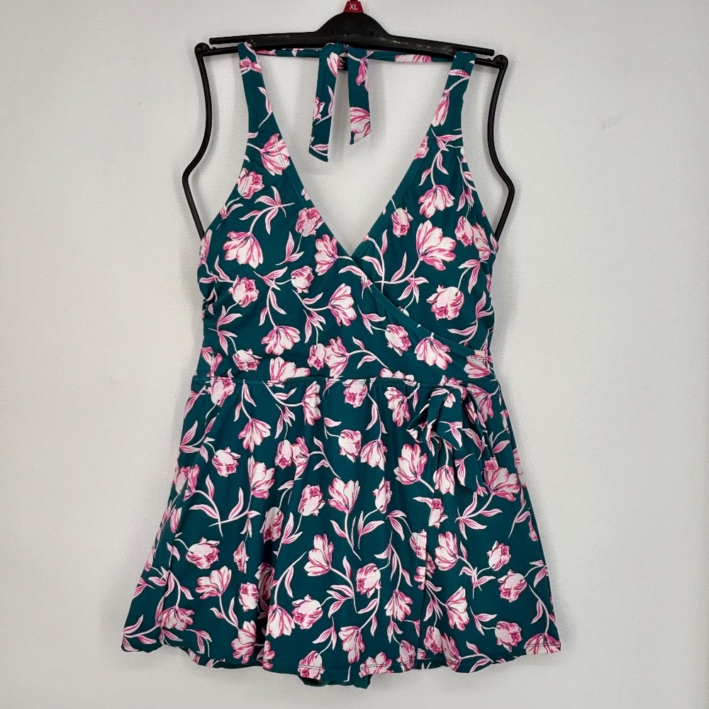 Draper James RSVP Womens Size 1X Swim Dress One Piece Teal Green Pink Floral